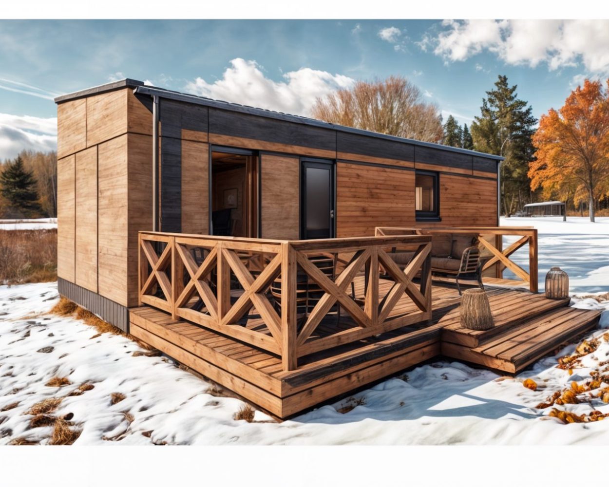 Nowoczesny domek modułowy z drewnianym tarasem, idealny jako domek mobilny lub dom mobilny. Stylowa architektura i funkcjonalność sprawiają, że to doskonały wybór dla osób poszukujących domów modułowych w atrakcyjnej lokalizacji.